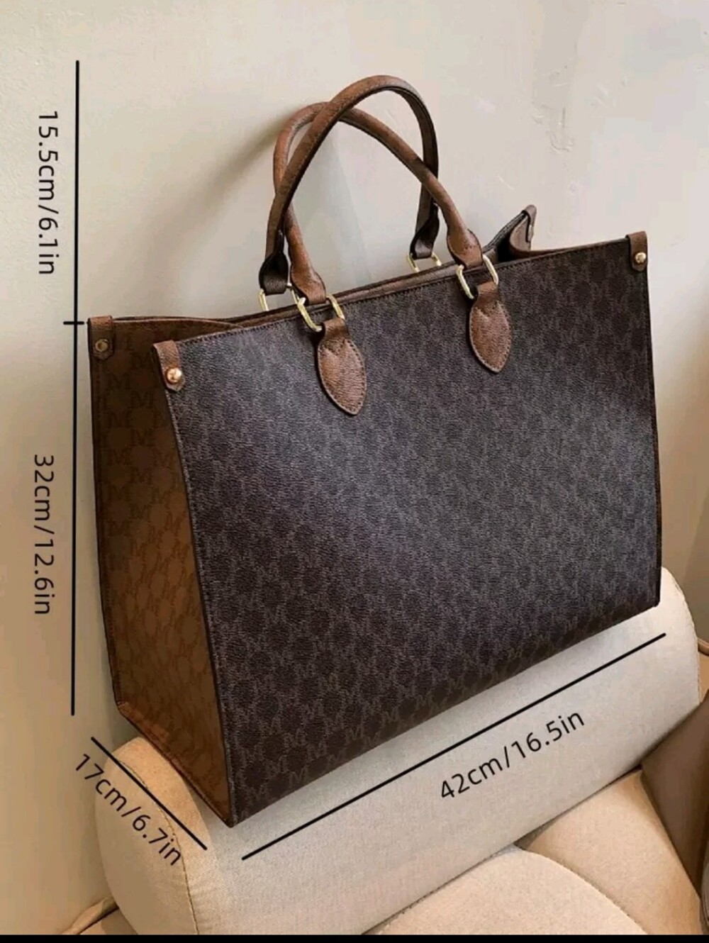 Brown Monogram Tote Bag - Luxury-Inspired Women's Handbag - Picture 4 of 6